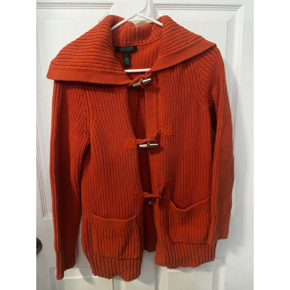 Lauren Ralph Lauren Buckle Cable Knit Sweater Shawl Collar Womens Size S Orange - Picture 1 of 10